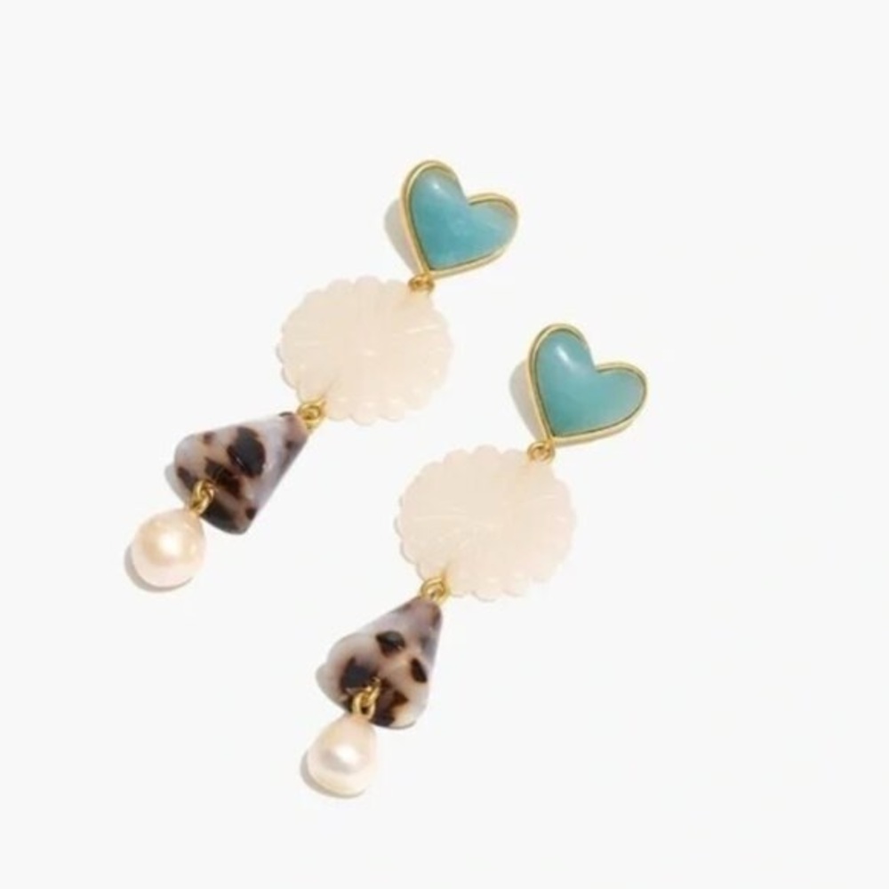 Madewell Turquoise Heart Flower Tortoise and Pearl Earrings